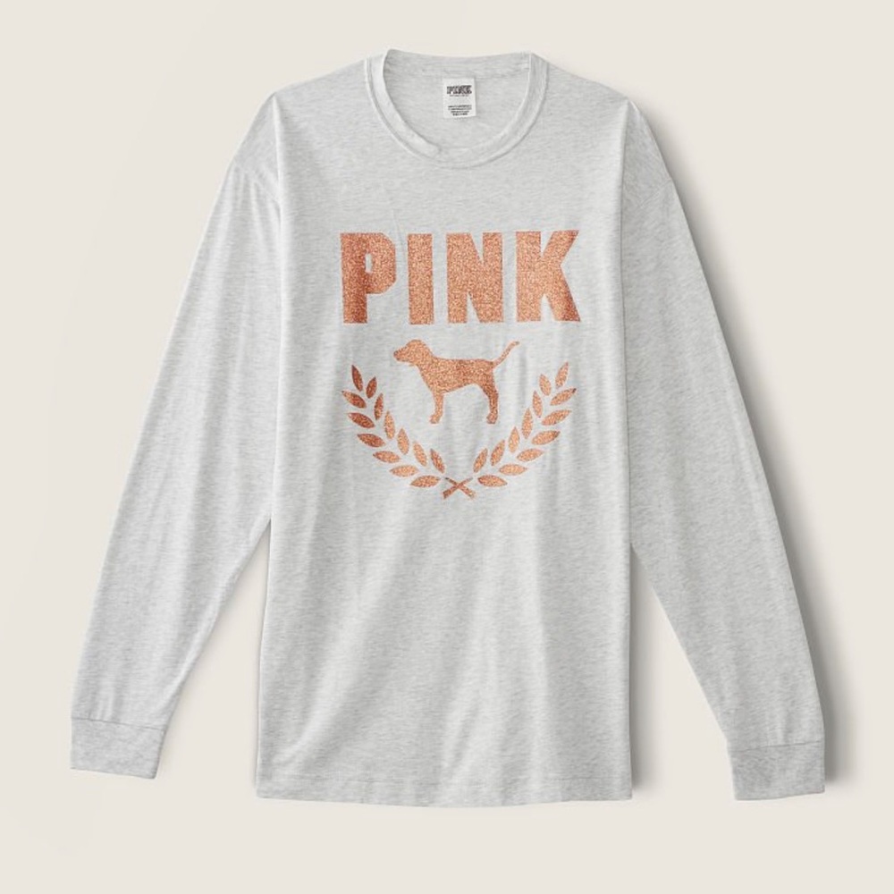 VS Pink long sleeve glittery logo campus tee